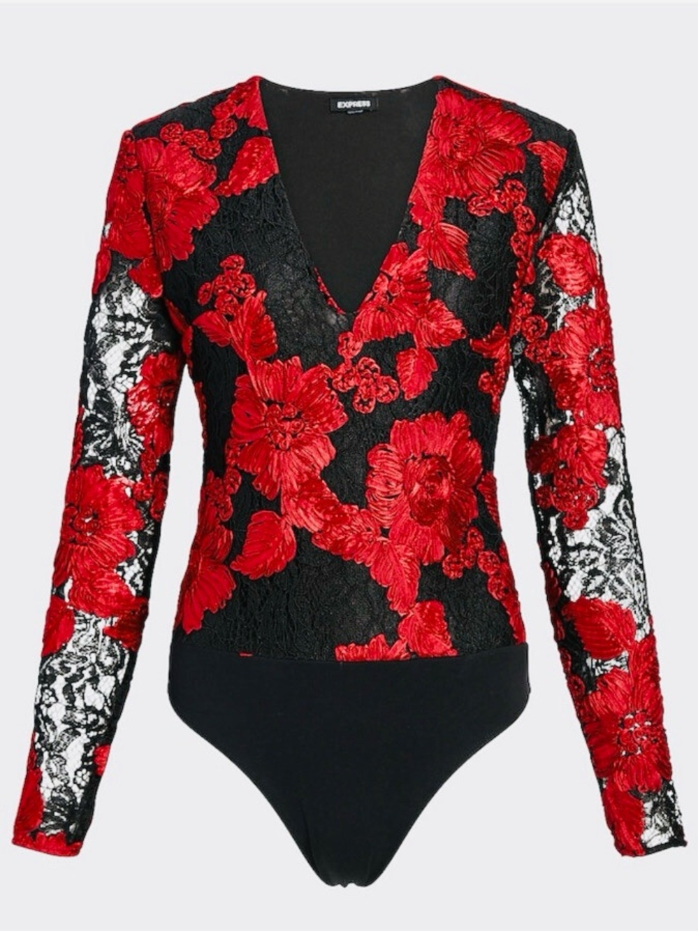 Express Red Lace Embroidered V-Neck Long Sleeve Thong Bodysuit Size Medium